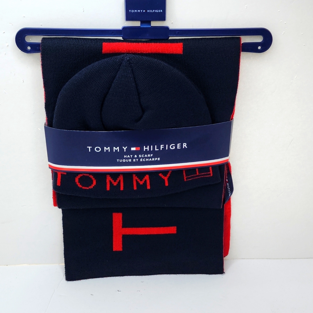 TOMMY HILFIGER HAT & SCARF, NAVY BLUE & RED